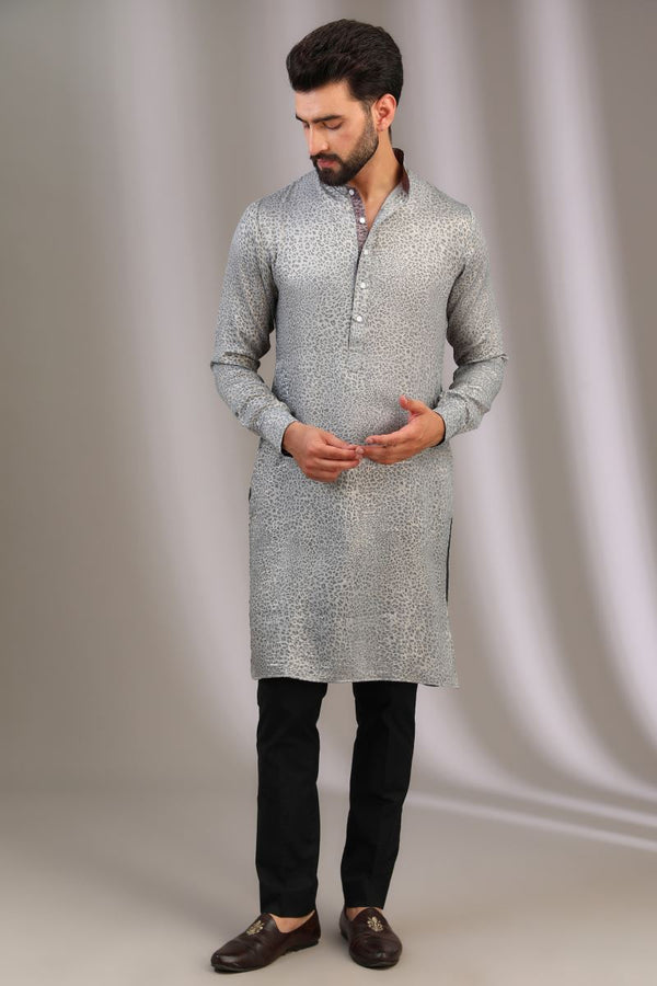 SILVER PRINT SILK UNLINED KURTA WITH BLACK PANTS