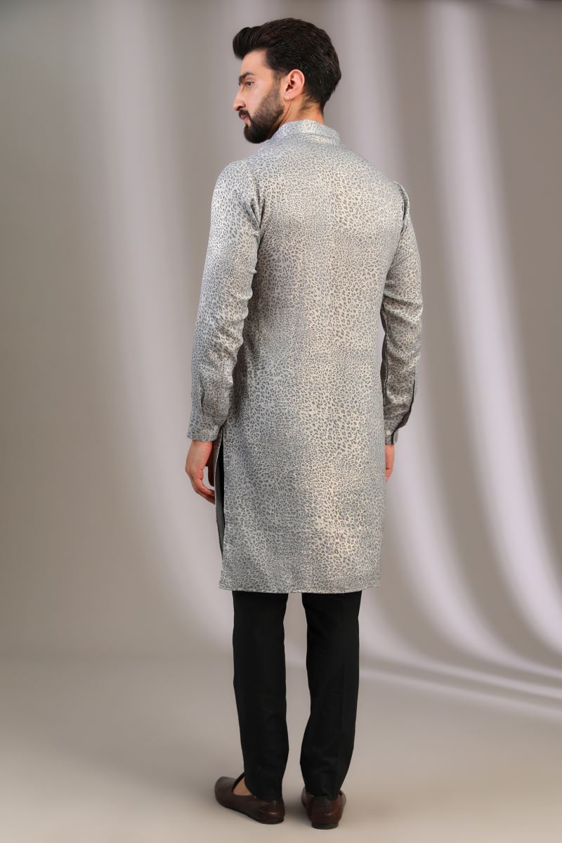 SILVER PRINT SILK UNLINED KURTA WITH BLACK PANTS