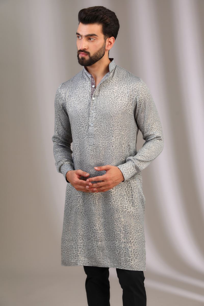 SILVER PRINT SILK UNLINED KURTA WITH BLACK PANTS