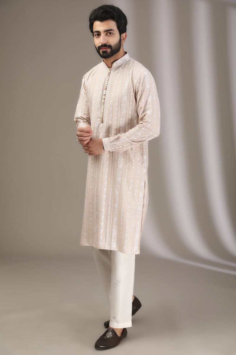 NUDE BEIGE TONAL COLOR SILK THREAD KURTA WITH PANTS