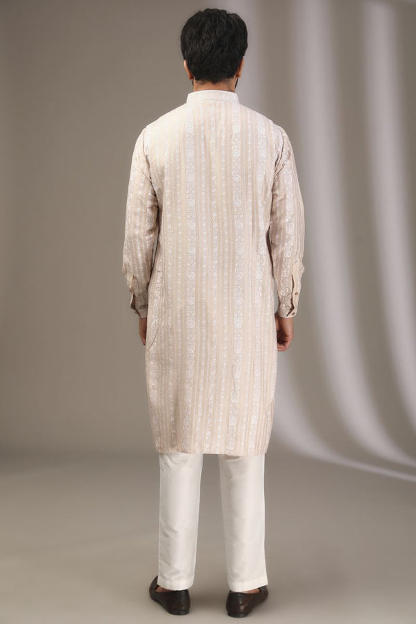 NUDE BEIGE TONAL COLOR SILK THREAD KURTA WITH PANTS