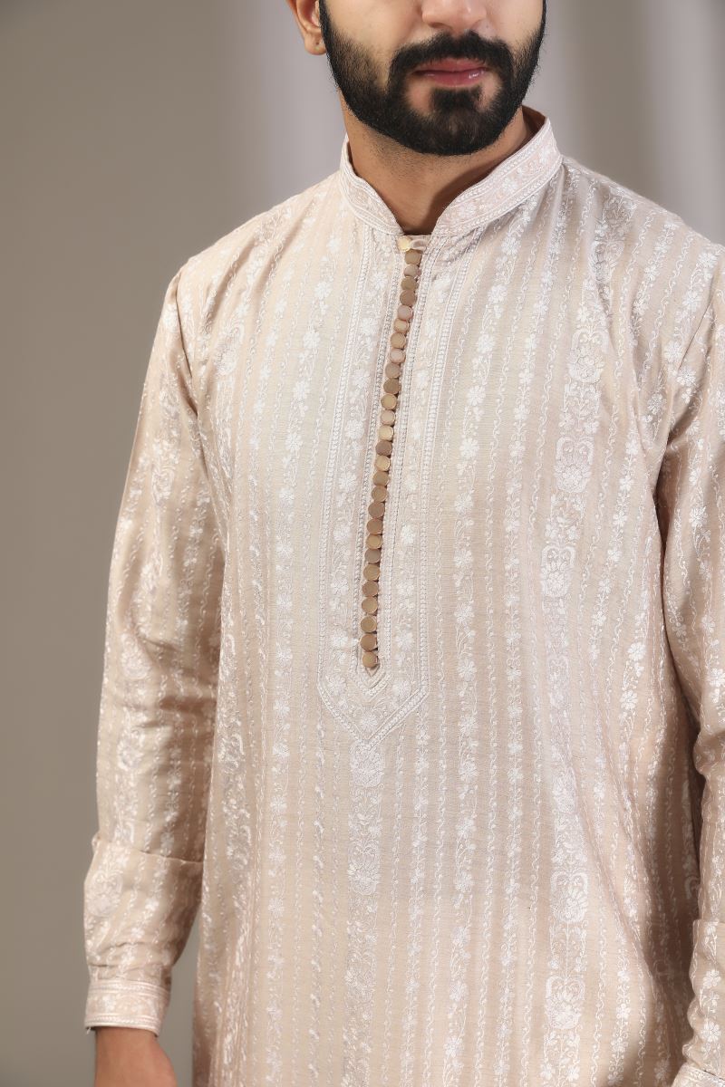 NUDE BEIGE TONAL COLOR SILK THREAD KURTA WITH PANTS