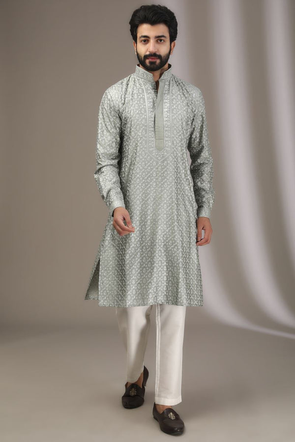 SAGE GREEN TONAL COLOR SILK THREAD KURTA WITH PANTS