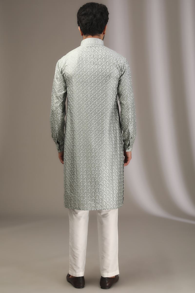 SAGE GREEN TONAL COLOR SILK THREAD KURTA WITH PANTS