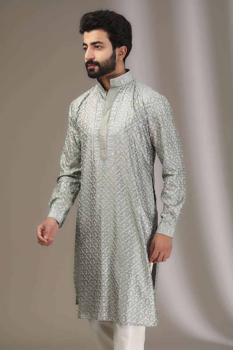 SAGE GREEN TONAL COLOR SILK THREAD KURTA WITH PANTS