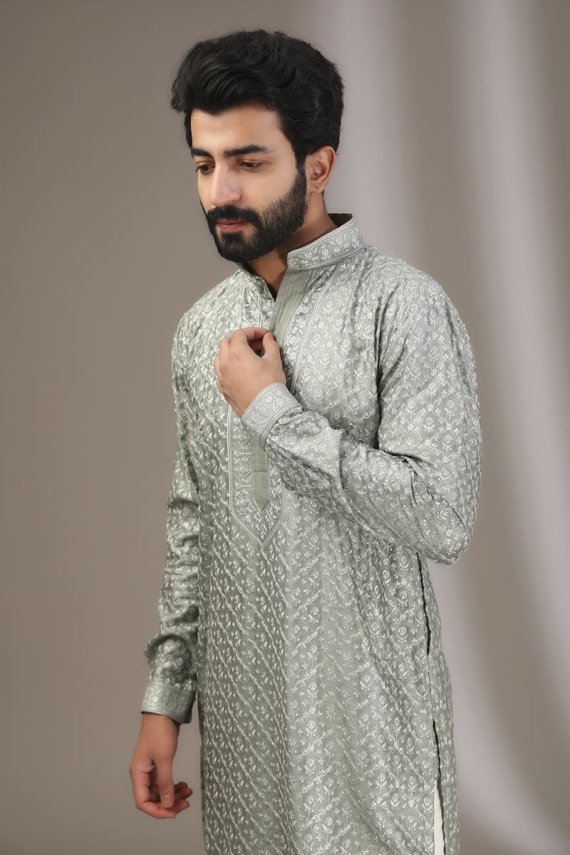 SAGE GREEN TONAL COLOR SILK THREAD KURTA WITH PANTS