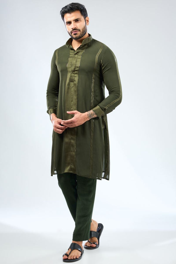 MEHENDI GREEN GEORGETTE WITH SEQUIN LINES KURTA AND MATCHING COTTON SILK PANTS