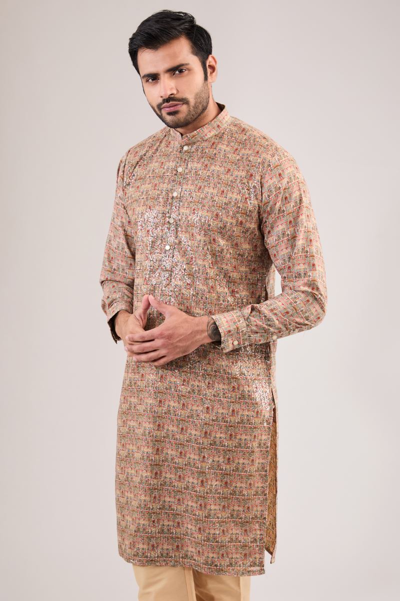 PALE PEACH PRINTED KURTA WITH PANTS