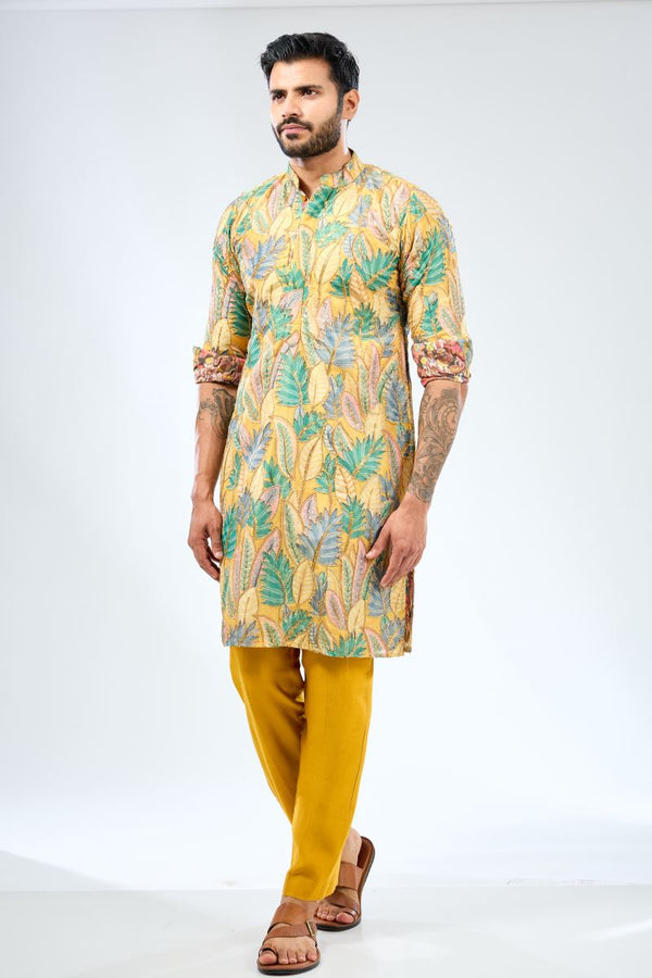 MULTI COLOR SILK  ZARI AND SEQUINS WORK PRINT DETAILING KURTA WITH MATCHING COTTON SILK PANTS