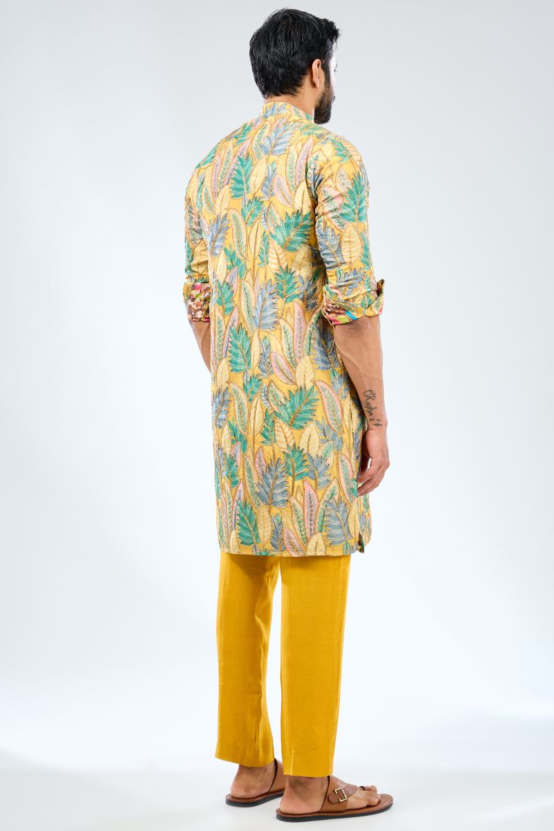 MULTI COLOR SILK  ZARI AND SEQUINS WORK PRINT DETAILING KURTA WITH MATCHING COTTON SILK PANTS