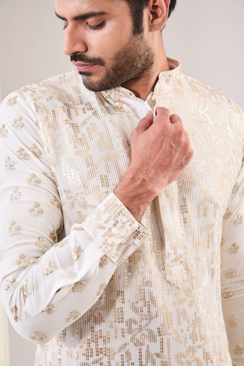 OFF WHITE SEQUINS EMBROIDERED KURTA WITH PANTS