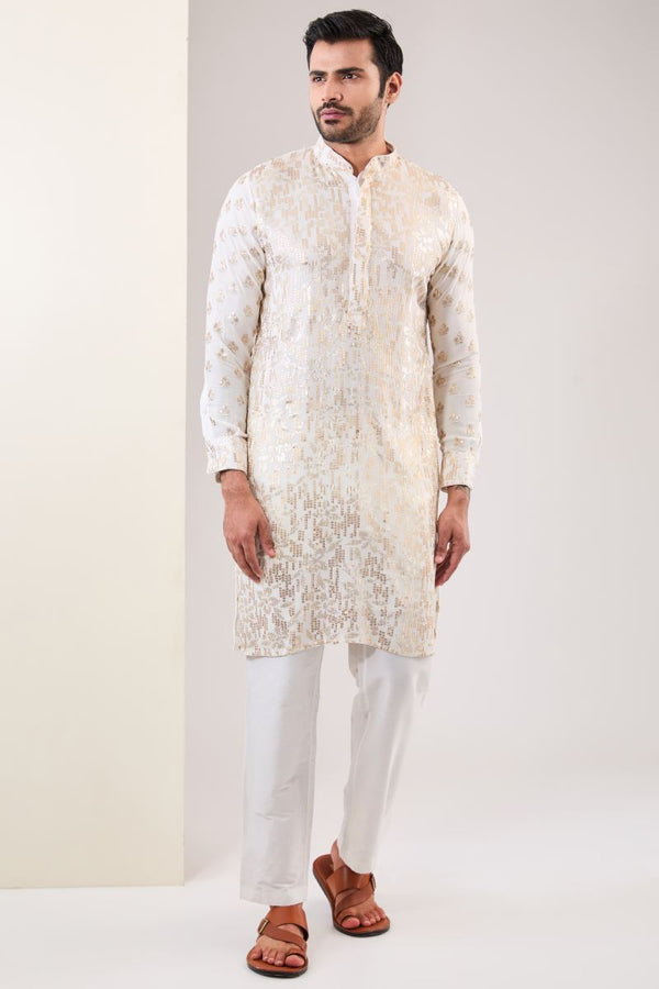 OFF WHITE SEQUINS EMBROIDERED KURTA WITH PANTS