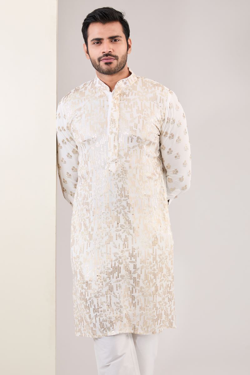 OFF WHITE SEQUINS EMBROIDERED KURTA WITH PANTS