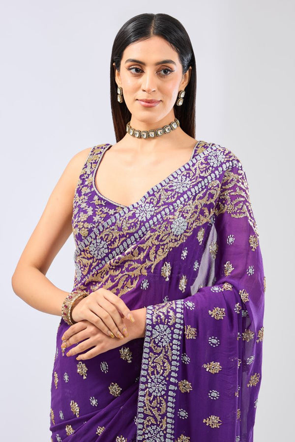 NABIA PURPLE GEORGETTE FULL HAND EMBROIDERED THREE PANEL SAREE SET