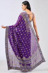 NABIA PURPLE GEORGETTE FULL HAND EMBROIDERED THREE PANEL SAREE SET