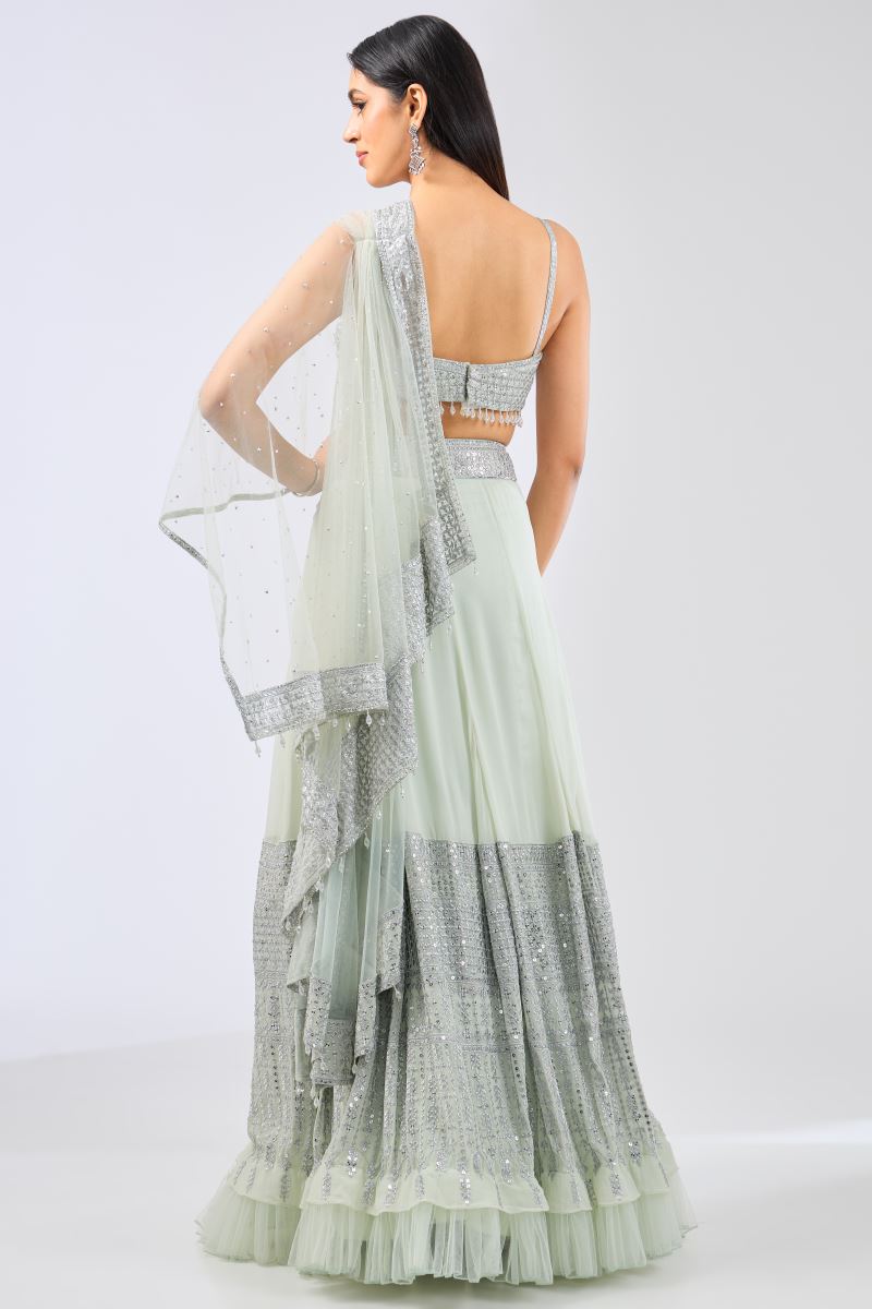 NADIA SAGE GREEN GEORGETTE  METAL THREAD JAAL LEHENGA WITH NET ATTACHED DRAPE AND BLOUSE