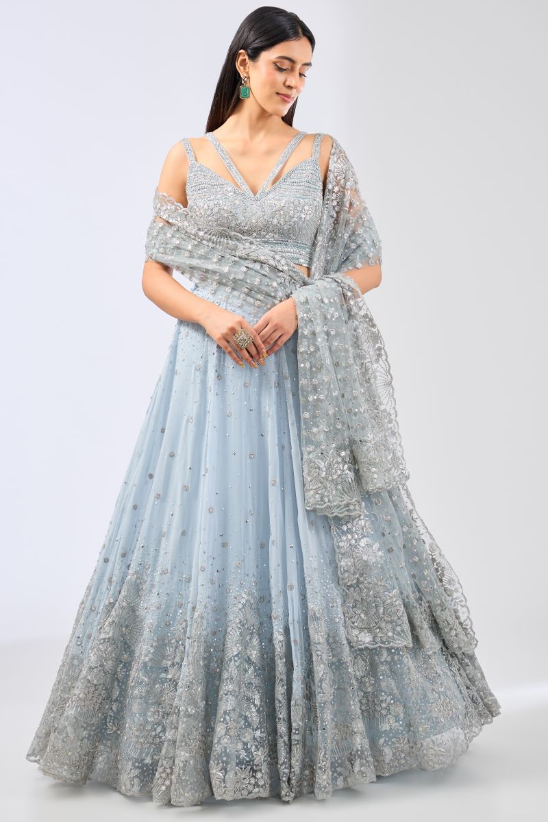 NADIA PALE BLUE GEORGTTE  FULL HAND EMBROIDERED LEHENGA WITH BLOUSE & DUPATTA