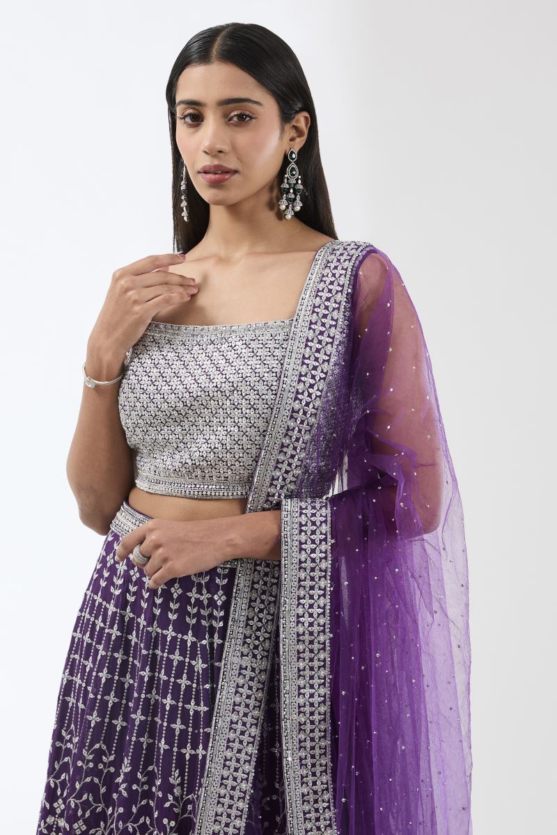 NADIA PURPLE  WITH SILVER METAL THREAD JAAL LEHENGA SET