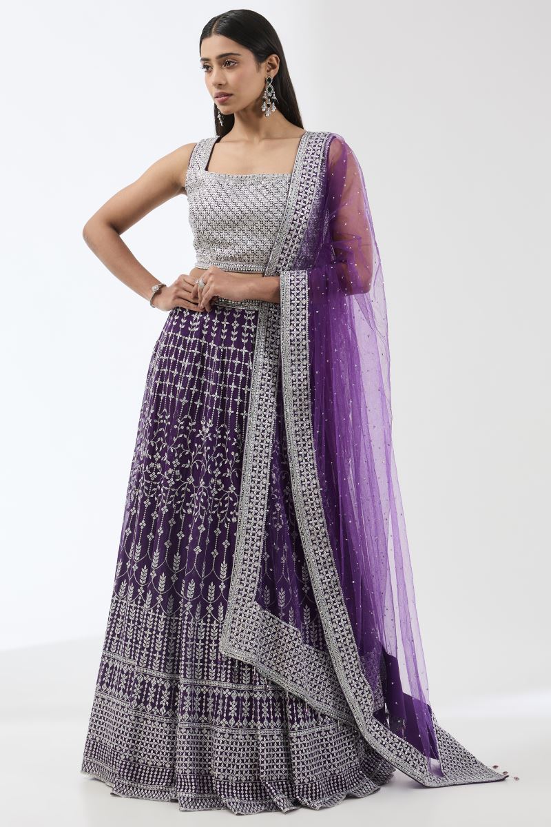 NADIA PURPLE  WITH SILVER METAL THREAD JAAL LEHENGA SET