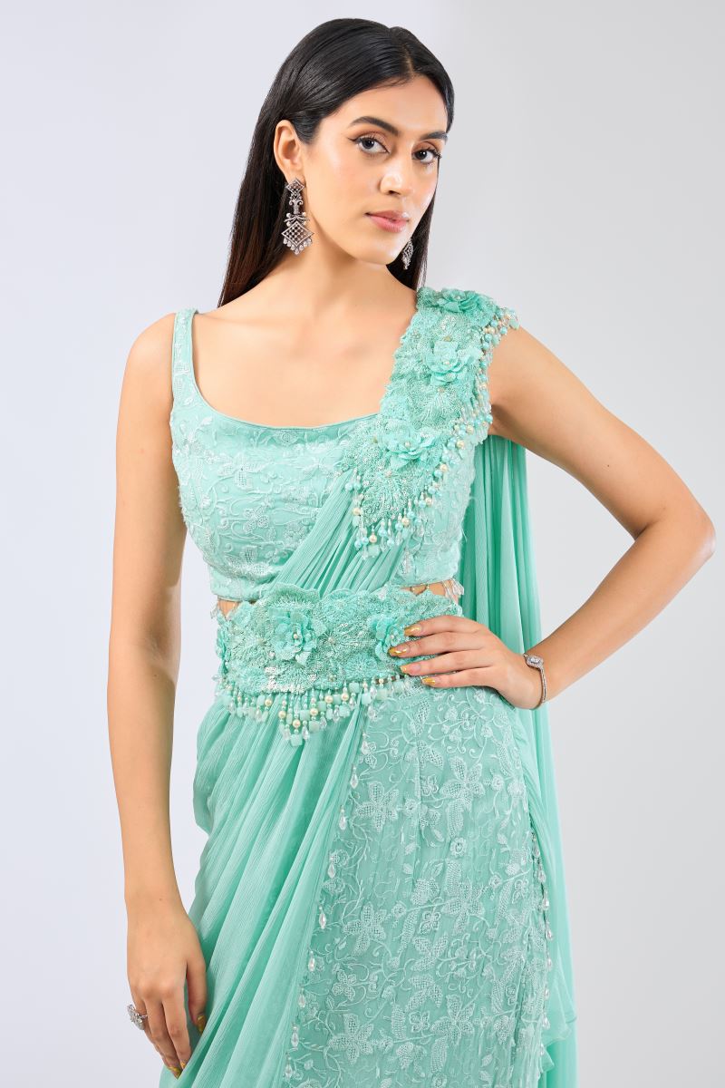 SAIRAA AQUA GEOREGTTE FULL THREAD WORK JAAL PRE STICH SKIRT WITH CHIFFON DRAPE