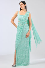 SAIRAA AQUA GEOREGTTE FULL THREAD WORK JAAL PRE STICH SKIRT WITH CHIFFON DRAPE