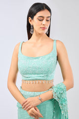 SAIRAA AQUA GEOREGTTE FULL THREAD WORK JAAL PRE STICH SKIRT WITH CHIFFON DRAPE