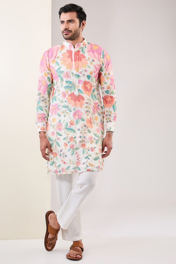 OFF WHITE MULTI COLOR FULLY EMBROIDERED KURTA WITH PANTS