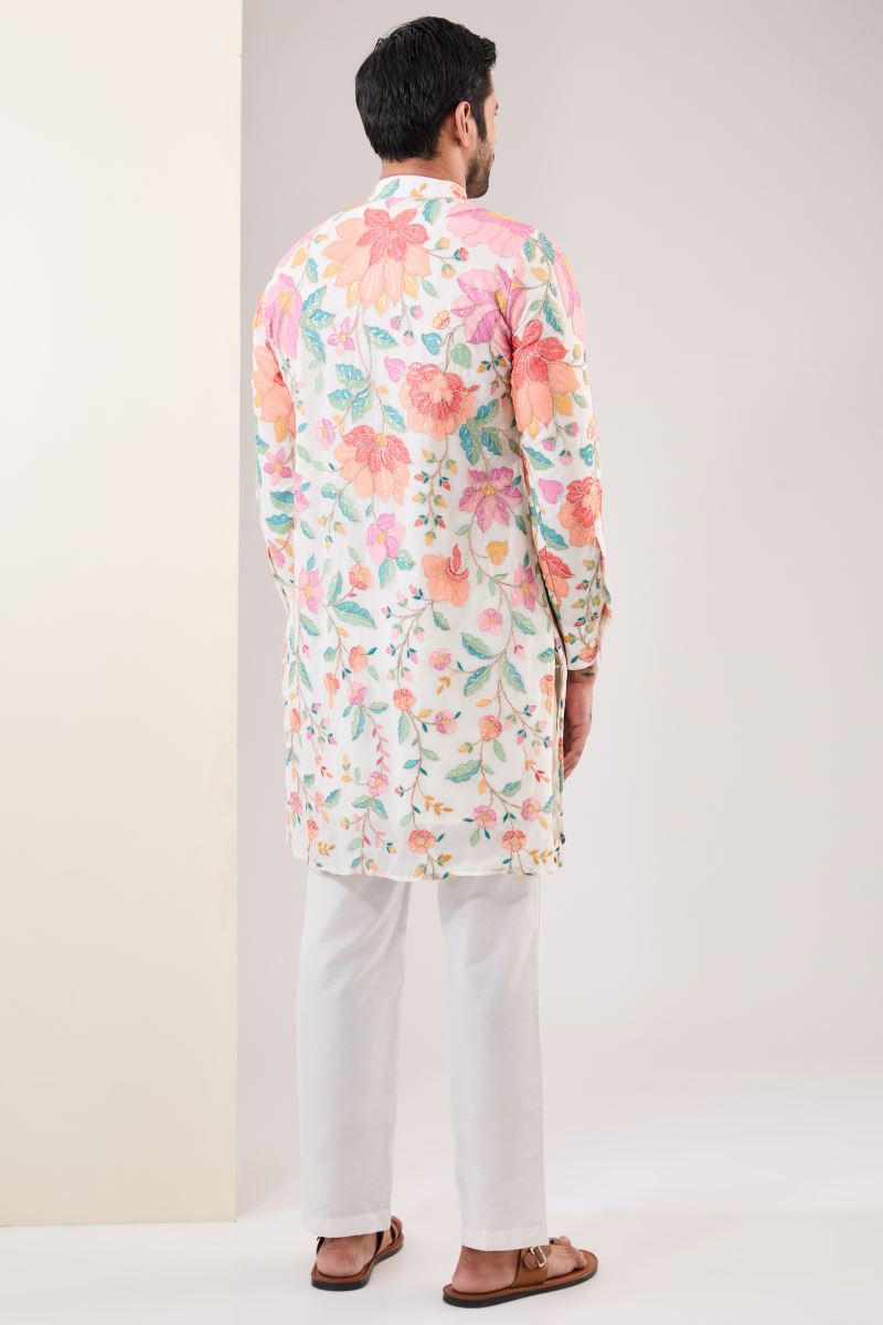 OFF WHITE MULTI COLOR FULLY EMBROIDERED KURTA WITH PANTS