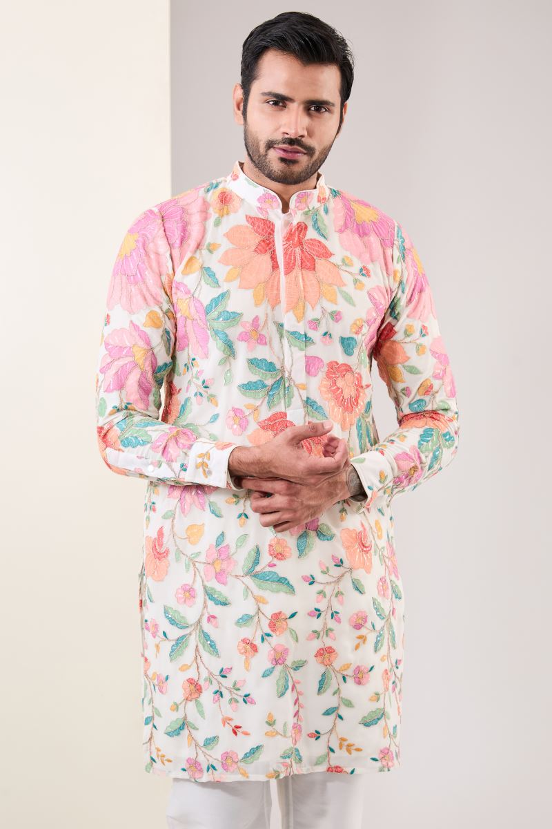 OFF WHITE MULTI COLOR FULLY EMBROIDERED KURTA WITH PANTS