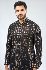 BLACK GEORGETTE THREAD AND GOTA WORK KURTA PAIRED WITH COTTON SILK PANTS