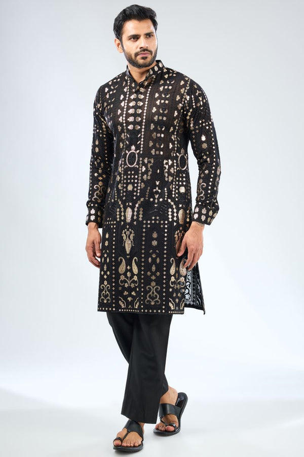 BLACK GEORGETTE THREAD AND GOTA WORK KURTA PAIRED WITH COTTON SILK PANTS