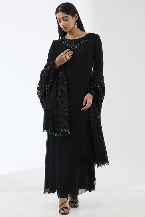 AYAT BLACK LONG GREEN STONES KURTA SET