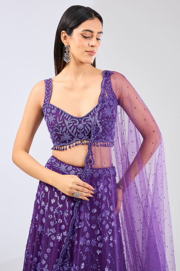 NADIA PURPLE GEORGETTE FULL HAND LEHERIYA JAAL EMBROIDERED LEHENGA SET