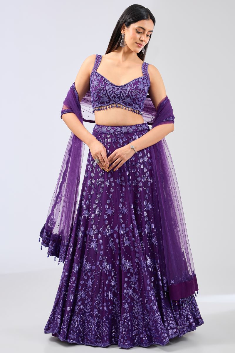 NADIA PURPLE GEORGETTE FULL HAND LEHERIYA JAAL EMBROIDERED LEHENGA SET