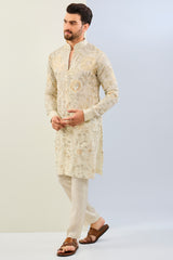 OFFWHITE GORGETTE LINED  FULLY EMBOIDERED TONAL THREAD SEQUIN EMBOIDERED  KURTA AND MATCHING COTTON SILK PANT