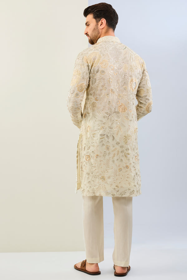 OFFWHITE GORGETTE LINED  FULLY EMBOIDERED TONAL THREAD SEQUIN EMBOIDERED  KURTA AND MATCHING COTTON SILK PANT