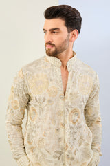 OFFWHITE GORGETTE LINED  FULLY EMBOIDERED TONAL THREAD SEQUIN EMBOIDERED  KURTA AND MATCHING COTTON SILK PANT