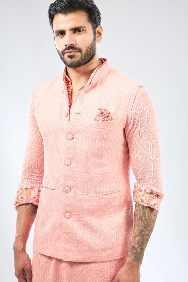 PINK GEORGETTE SEQUIN EMBROIDERED PRINT DETAILING KURTA WITH BUNDI AND COTTON SILK PANTS