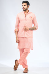 PINK GEORGETTE SEQUIN EMBROIDERED PRINT DETAILING KURTA WITH BUNDI AND COTTON SILK PANTS