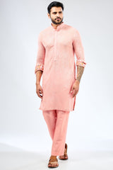 PINK GEORGETTE SEQUIN EMBROIDERED PRINT DETAILING KURTA WITH BUNDI AND COTTON SILK PANTS