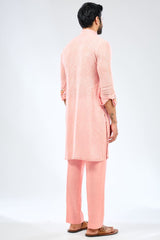 PINK GEORGETTE SEQUIN EMBROIDERED PRINT DETAILING KURTA WITH BUNDI AND COTTON SILK PANTS