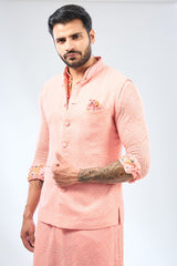 PINK GEORGETTE SEQUIN EMBROIDERED PRINT DETAILING KURTA WITH BUNDI AND COTTON SILK PANTS