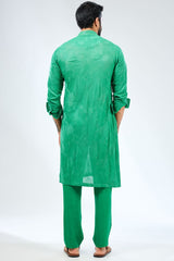 EMERALD GREEN GEORGETTE THREAD EMBROIDERED KURTA WITH PRINT DETAILING PAIRED WITH COTTON SILK PANTS