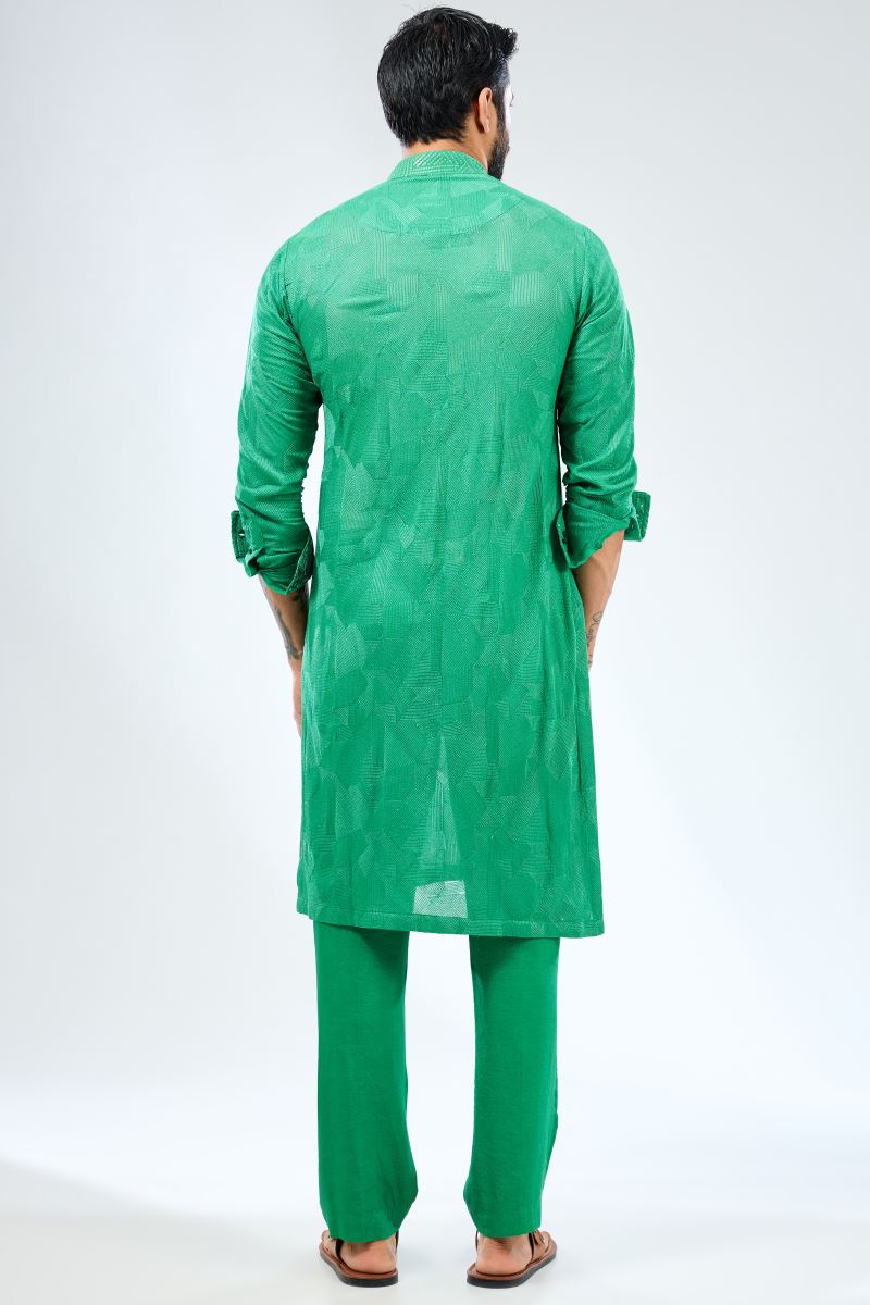 EMERALD GREEN GEORGETTE THREAD EMBROIDERED KURTA WITH PRINT DETAILING PAIRED WITH COTTON SILK PANTS