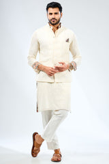 IVORY GEORGETTE THREAD EMBROIDERED PRINT DETAILING KURTA WITH BUNDI AND MATCHING COTTON SILK PANTS