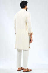 IVORY GEORGETTE THREAD EMBROIDERED PRINT DETAILING KURTA WITH BUNDI AND MATCHING COTTON SILK PANTS