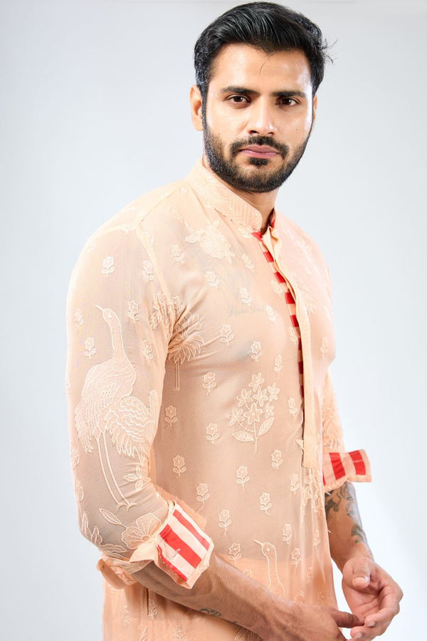 PALE PEACH GEORGETTE THREAD EMBROIDERED KURTA WITH COTTON SILK PANTS