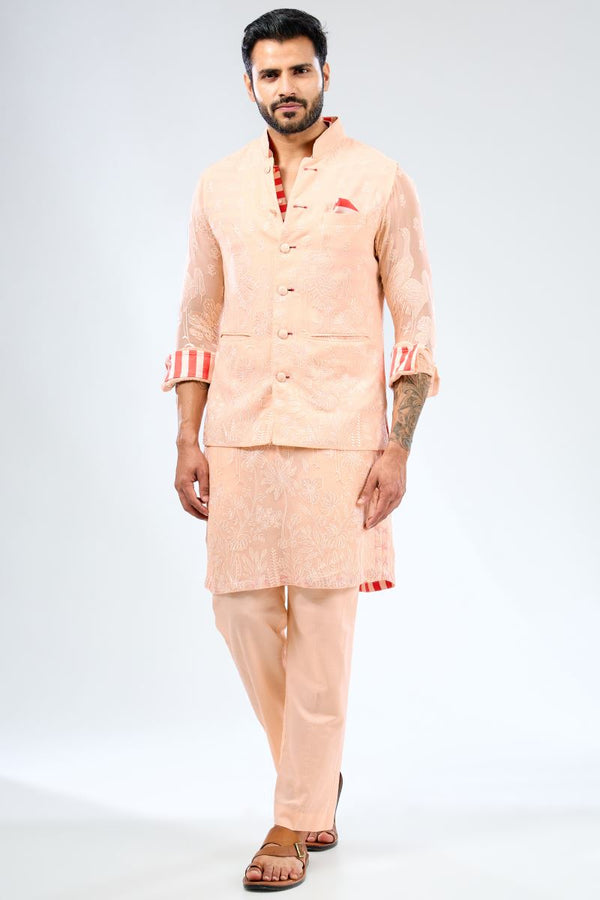 PALE PEACH GEORGETTE THREAD EMBROIDERED PRINT DETAILING KURTA WITH BUNDI AND COTTON SILK PANTS