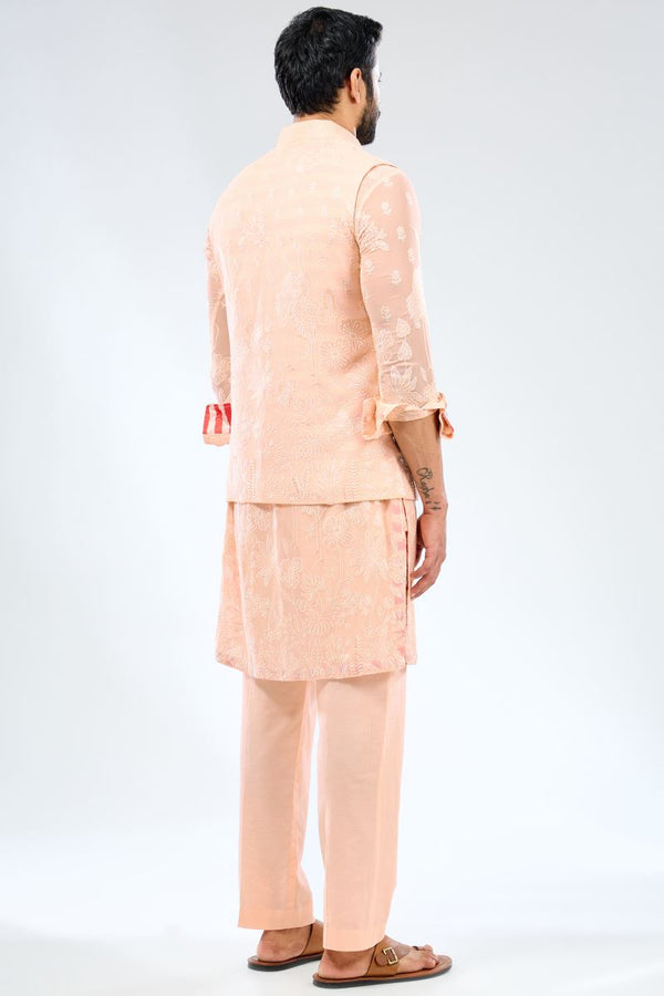 PALE PEACH GEORGETTE THREAD EMBROIDERED PRINT DETAILING KURTA WITH BUNDI AND COTTON SILK PANTS