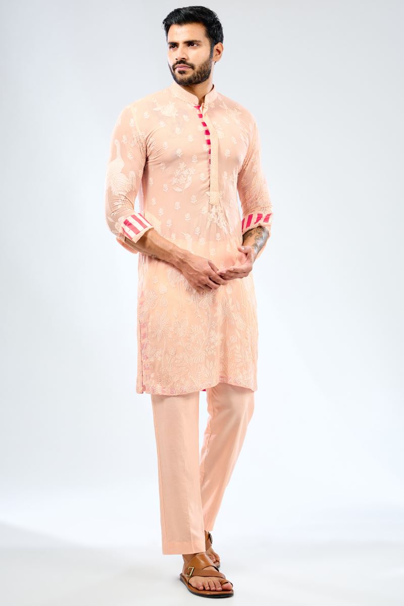 PALE PEACH GEORGETTE THREAD EMBROIDERED PRINT DETAILING KURTA WITH BUNDI AND COTTON SILK PANTS